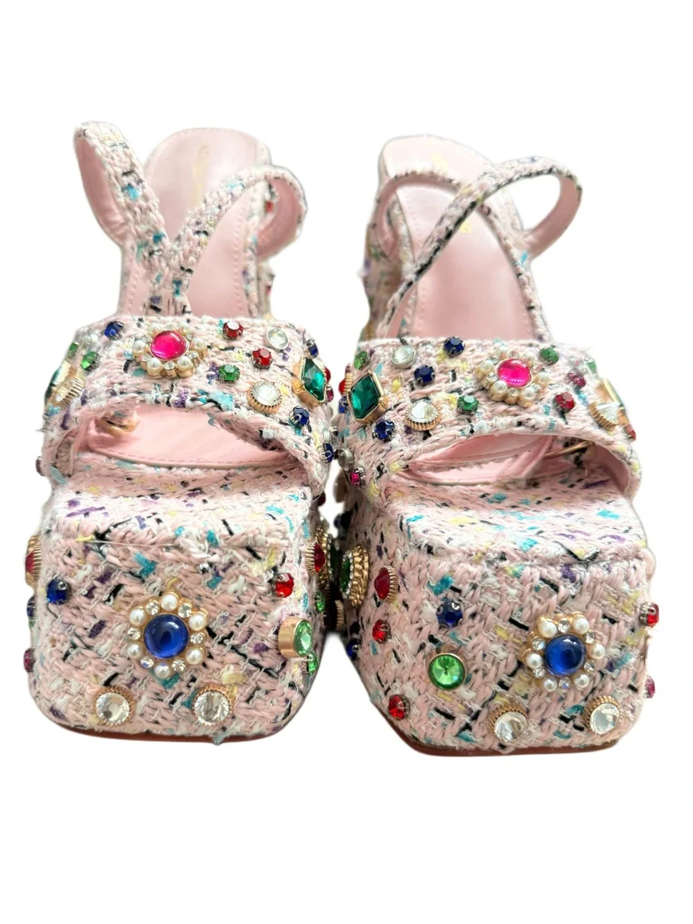 AZALEA WANG HYACINTH TWEED EMBELLISHED PLATFORM SANDALS NWOT